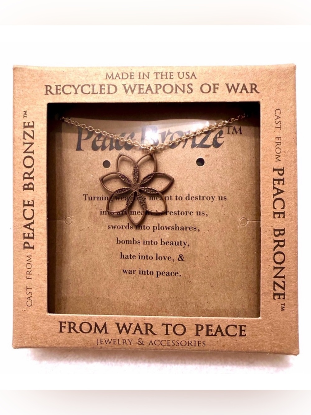 Flower Power Peace Bronze Pendant Necklace on 18" Rolo Chain